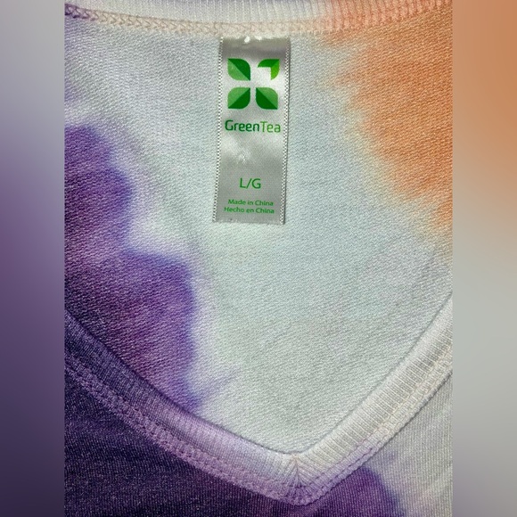 Women's Green Tea Long Sleeve Multi-Color Tie Dye V-neck Top/Sweatshirt, Large L - Picture 3 of 7